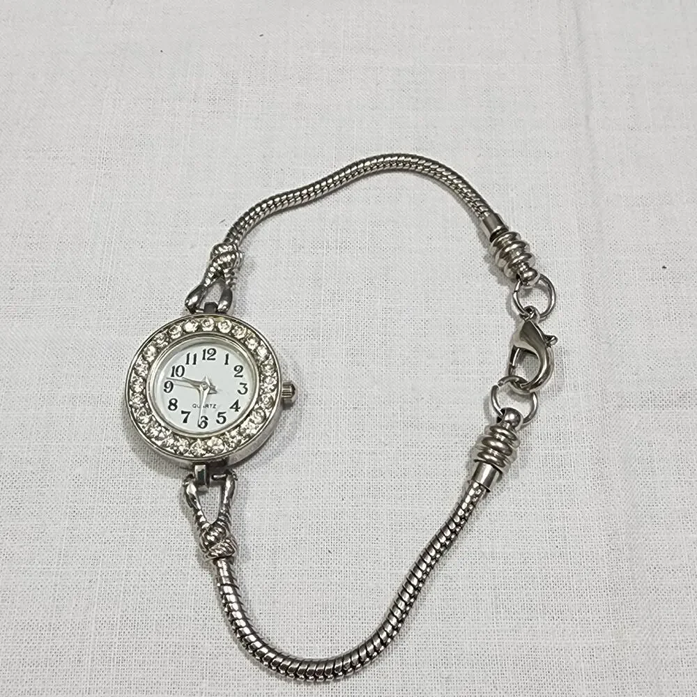 Women Quartz Bracelet Band Watch Battery Powered Rhinestone Encrusted Bezel Face